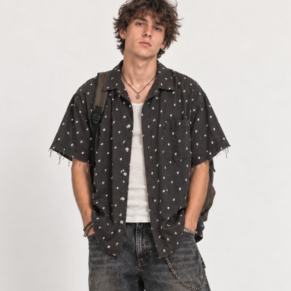 Vintage Y2K Arizona Jean Co Yin-Yang Print Short Sleeve Button Down Shirt Grunge
